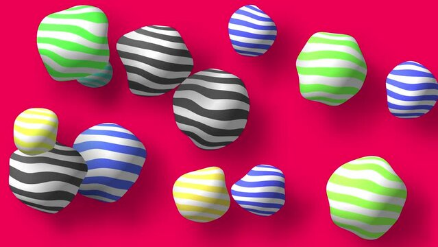 Abstract colorful background with flying or floating simple geometric forms. 3d sphere animation.