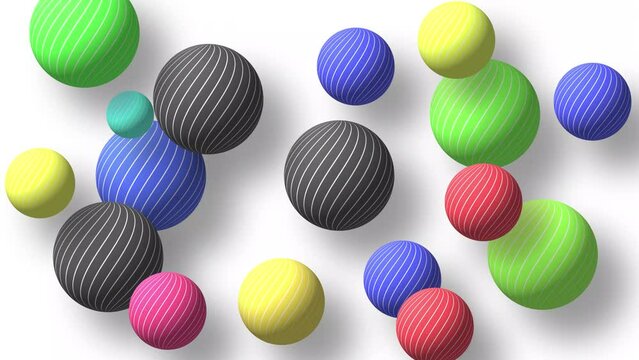 Abstract colorful background with flying or floating simple geometric forms. 3d sphere animation.