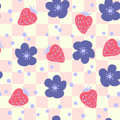 Groovy strawberries and flowers seamless pattern in 1970s style. Perfect for T-shirt, textile and print. Funky doodle vector illustration for decor and design.