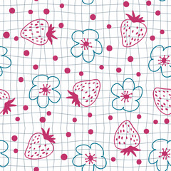 Doodle style strawberries and flowers seamless pattern on grid distorted background. Hippie aesthetic print for fabric, paper, T-shirt. Groovy vector illustration for decor and design.