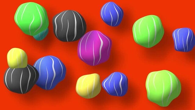 Abstract colorful background with flying or floating simple geometric forms. 3d sphere animation.