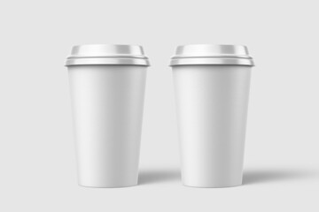 Two paper coffee cup with plastic cap mockup template, isolated on light grey background. High...