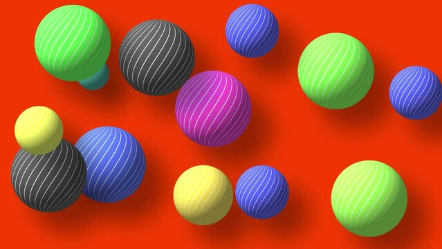 Abstract colorful background with flying or floating simple geometric forms. 3d sphere animation.