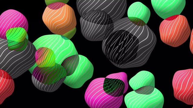 Abstract colorful background with flying or floating simple geometric forms. 3d sphere animation.
