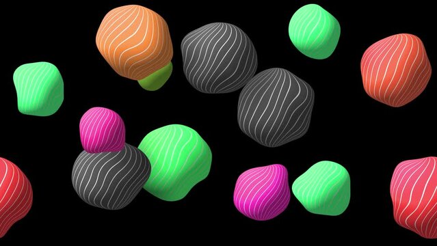 Abstract colorful background with flying or floating simple geometric forms. 3d sphere animation.