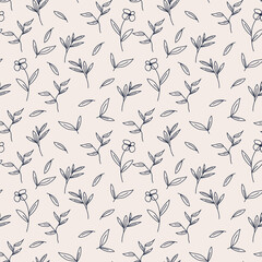 Doodle floral vector pattern set. Seamless backgrounds with hand drawn flowers, leaves, branches and dots. Graphic monochrome design.