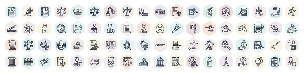 law and justice outline icons set. thin line icons such as criminal record, law book, justice scale, bargain, policy, bankruptcy, criminal database, baton, employment law icon.