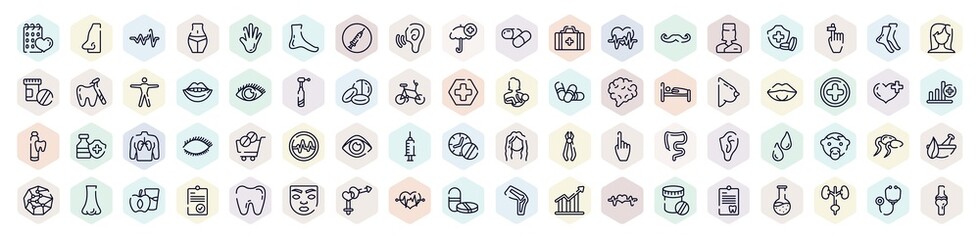 body parts outline icons set. thin line icons such as null, cardiac graphic, ear increase audio, mustache curled tip, eye with enlarged pupil, female mouth lips, human eye shape, sperms, tablet and