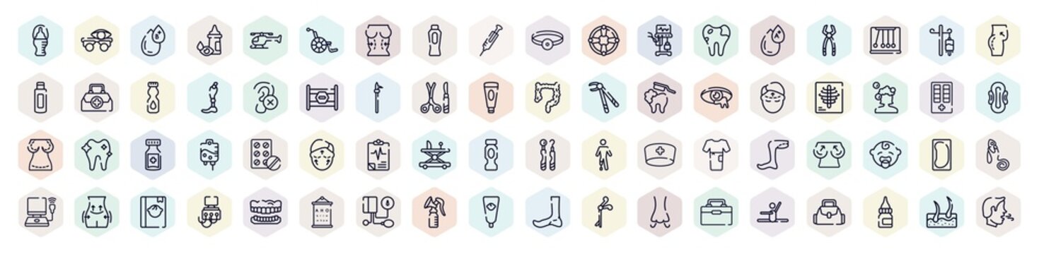 medical outline icons set. thin line icons such as baby bottle, type b, baby powder, caries, impaired, x rays, medical results, bedpan, baby cream icon.