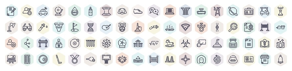 back to school outline icons set. thin line icons such as homework, toy car, shakespeare, rearview mirror, golf field, microorganism, whirligig, theory, fort icon.