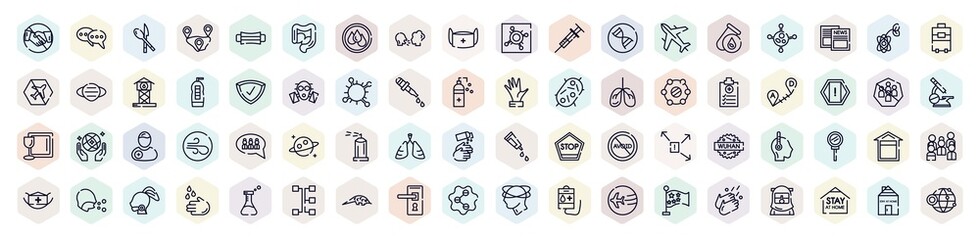 outline icons set. thin line icons such as no handshake, cutlery, virus transmission, airplane, protected, long distance, spray, quarantine, social icon.