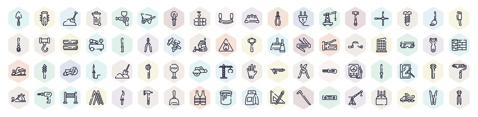 carpentry diy tools outline icons set. thin line icons such as garden trowel, sand, tubes hook, small crane, bread knife, rectangles, stopping, sliding scale, paint can open icon. © VectorStockDesign