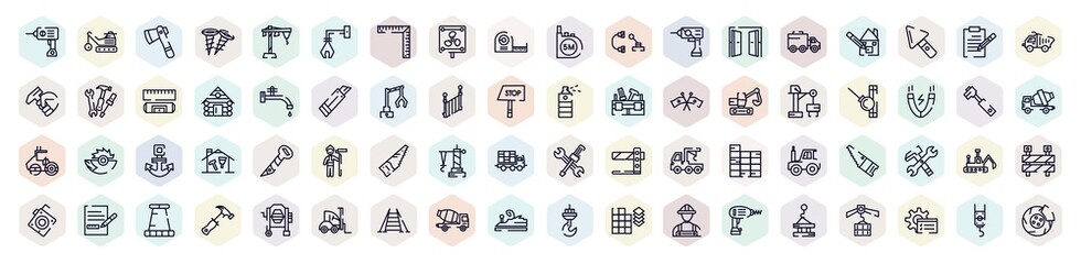 work tools outline icons set. thin line icons such as hine drill, inclined ax, vent, doors open, stopcock, demolishing ball, saw hand drawn tool, construction excavator, wood brush tool