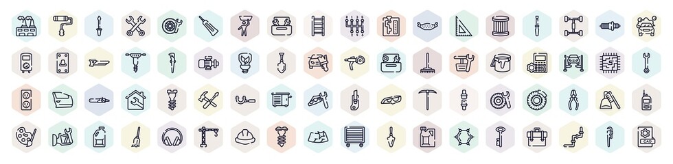engineering outline icons set. thin line icons such as wastes, garage screwdriver, nuts and bolts, null, adjustable spanner, mathematics, micrometer, dustpan and brush, windshield icon.