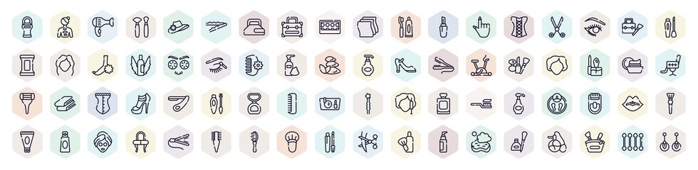 beautiful outline icons set. thin line icons such as roll on deodorant, hairdryer facing left, vanity case, finger with nail, cucumber slices on face, woman face, matte powder, woman lips, gloss,