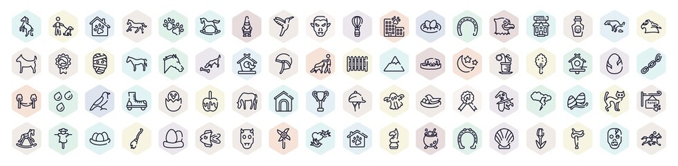 horses outline icons set. thin line icons such as wild horse, pet hotel, hummingbird, null, horse head, plain tree, horse grazing, black cat, birds couple icon.