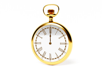 Fototapeta na wymiar 3d illustration of antique golden round clock on white isolated background. Stopwatch icon, logo. Chronometer, vintage timer