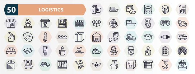 logistics outline icons set. thin line icons such as stack package, dispatch note, manufacturing plant, buses, this side up, package delivery, payment terminal, weight tool, delivery cart, green