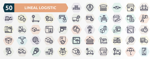 Fototapeta na wymiar lineal logistic outline icons set. thin line icons such as containers, keep up, card blocked, delivery invoice, fragile pack, delivering, worldwide delivery, weighting, mail send, box weight icon.