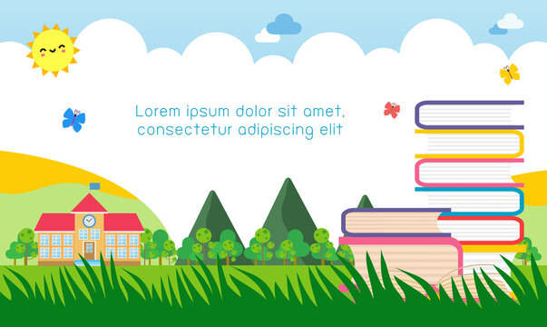 back to school with school and book education concept, landscape background banner Template for advertising brochure, your text, child and frame isolated Vector Illustration