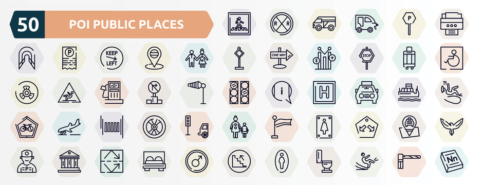 poi public places outline icons set. thin line icons such as pedestrian crossing, portable printer, girl and boy, hand luggage, no turn right, solar taxi, zebra crossing, women toilet, museum, men
