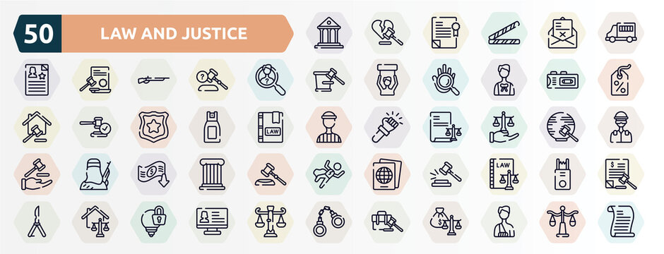law and justice outline icons set. thin line icons such as court, prisoner transport vehicle, investigation, recorder, pepper spray, justice scales in hand, bankruptcy, case closed, real estate law,