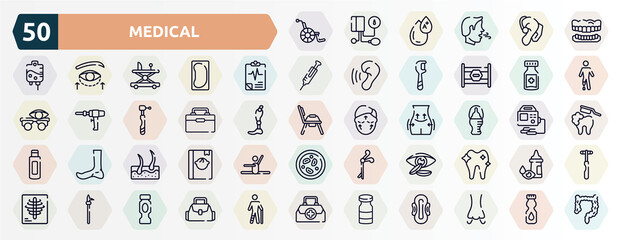 medical outline icons set. thin line icons such as handicap, dentures, medical results, medicine jar, organ container, baby bottle, epidermis, contact lens, pike pole, vial icon.