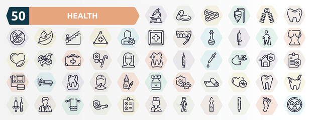 health outline icons set. thin line icons such as lab microscope, teeth black shape, woman with flower, injured leg of man, retirement, bandaged hurt finger, plaque, yoga mat, executive man, male