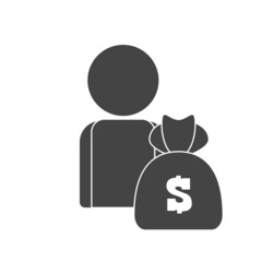 Vector icon man with a bag of money. Vector icon on white isolated background.  Layers grouped for easy editing illustration. For your design.