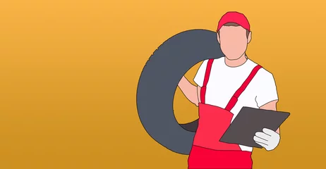Foto op Canvas male mechanic holding a wrench and wheel, cartoon character, car tire, tyre service illustration © Angelov