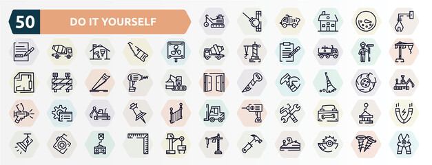 Fototapeta na wymiar do it yourself outline icons set. thin line icons such as derrick with ball, derrick with tong, vent, man painting, drill, sweeping broom, excavator hine arm, work tools cross, roulette with button,