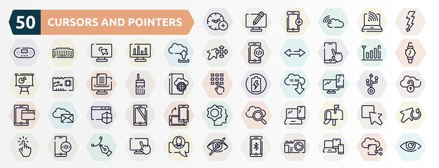 cursors and pointers outline icons set. thin line icons such as add time, lightning electric energy, uploading from computer, coverage level, satellite phone, pc smartphone, window with security