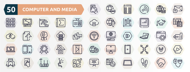 computer and media outline icons set. thin line icons such as phone in a hand, email upload, id badge, cloud computing servers, server cloud, laptop in perspective, wax seal with ribbon, grip,