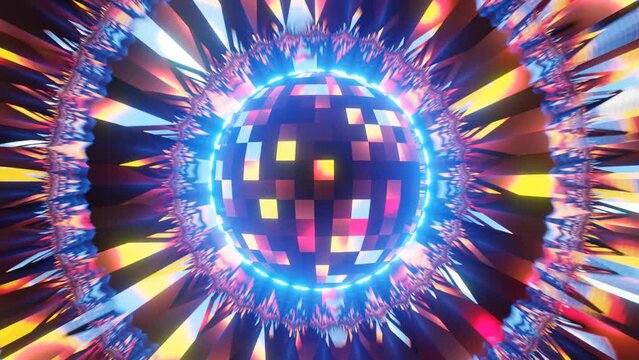Disco Ball. Reflections light leaks from disco ball. Projection on the wall. Beautiful color reflector nightclub. disco background 3D rendering. High quality 4k footage