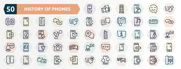 Fototapeta na wymiar history of phones outline icons set. thin line icons such as old phone speaker, message sent, message problem, handheld game console, woman talking, new telephone, alarm phone, phone, modern