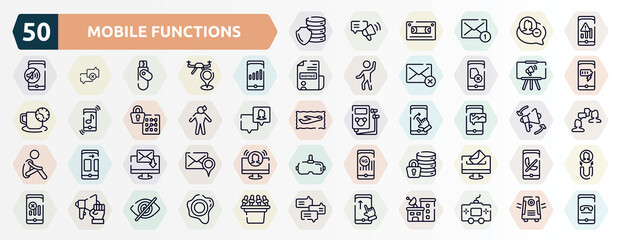 mobile functions outline icons set. thin line icons such as database security, low, high, projection, shy, mms, electronic mail, encrypt, strenght, swipe up icon.