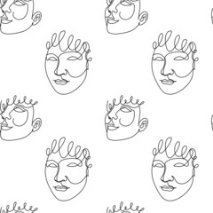 Seamless pattern with black one single line drawings of female faces. On white background.