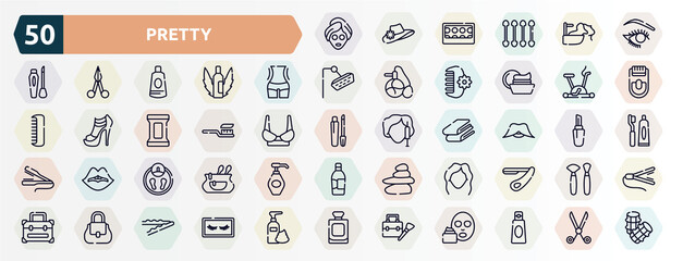 pretty outline icons set. thin line icons such as beauty face mask, eye make up, women waist, null, tooth brush, big moustache, big scale, women makeup, women handbag, big makeup box icon.
