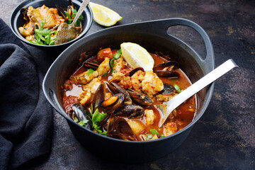 Modernes traditionelles spanisches Meeresfrüchte-Zarzuela de pescado mit Fisch, Riesengarnelen und...