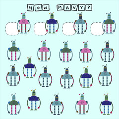 Fototapeta premium How many counting game with funny robots. Preschool worksheet, kids activity sheet, printable worksheet 