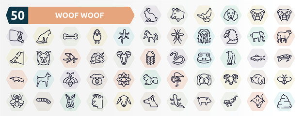 woof woof outline icons set. thin line icons such as sitting rabbit, angry bulldog face, gecko, elephant alone, unicorn, sitting penguin, big bee, null, silkworm, curved lizard icon.