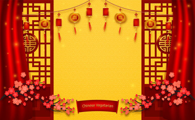 Chinese vegetarian festival and asian elements on background. Chinese translation is vegetarian festival of vector illustration.