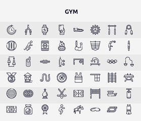 gym outline icons set. thin line icons such as routine, yellow card, medicine ball, swiss bar, tanktop, hockey arena, field hockey, fishing boat, squats icon.