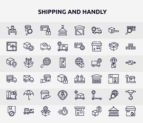 shipping and handly outline icons set. thin line icons such as package on trolley, use hook, box, delivery search, keep up, wet protect, security, search worldwide, delivery timer icon.