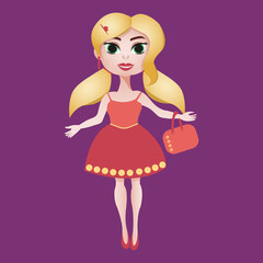 Cute fashionable stylish girl with a handbag. Doll girl vector illustration. Dress, woman, fashion, princess, beauty, model, lady