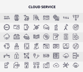 cloud service outline icons set. thin line icons such as newton cradle, investigation, http, hotel service, web payment, security breach, power cable, storage media, hub icon.
