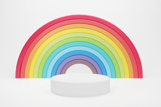 Rainbow curve with white podium. LGBTQ Pride Month. Human rights or diversity concept. 3D Rendering