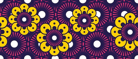 African ethnic traditional pink background pattern. seamless beautiful yellow flower pattern. fashion design in colorful. Geometric circle abstract motif. Floral Ankara prints, African wax prints. - obrazy, fototapety, plakaty
