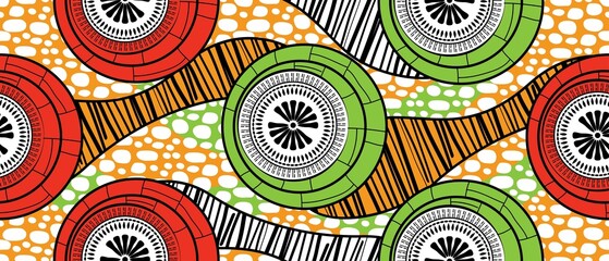 African traditional red, green and yellow pattern. seamless beautiful Kitenge, chitenge style. fashion design in colorful. Geometric circle abstract motif. Floral Ankara prints, African wax prints.