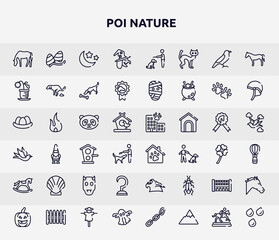 poi nature outline icons set. thin line icons such as horse grazing, witch, flower pot, panda face, pet hotel, seashell, hook, fence for horses jumps, ghost icon.